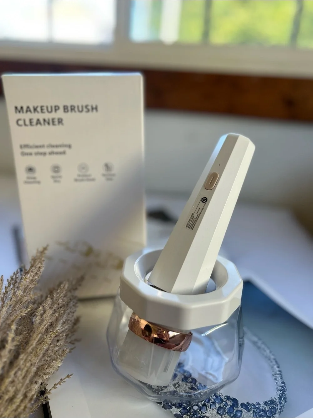 Electric Makeup Brush Cleaner in White with Rose Gold Accent